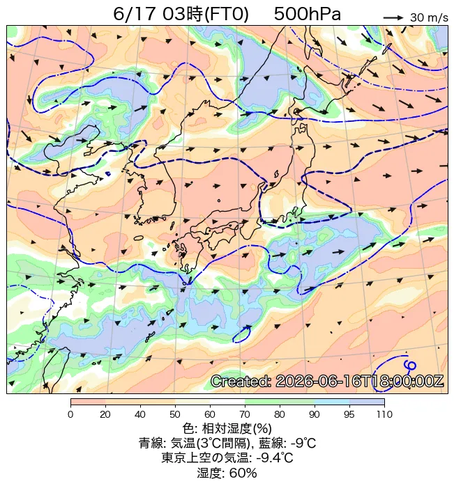 2026年6月17日の日本周辺の500hPa天気図（3時）