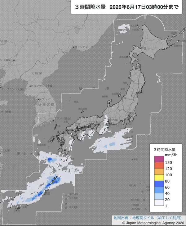 2026年6月17日0〜3時の日本周辺の3時間解析降水量