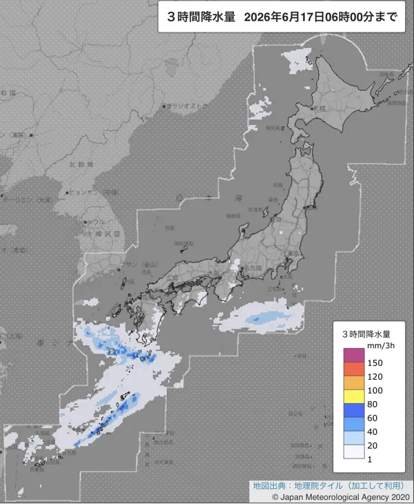 2026年6月17日3〜6時の日本周辺の3時間解析降水量
