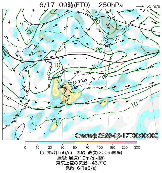 2026年6月17日の日本周辺の250hPa天気図（9時）