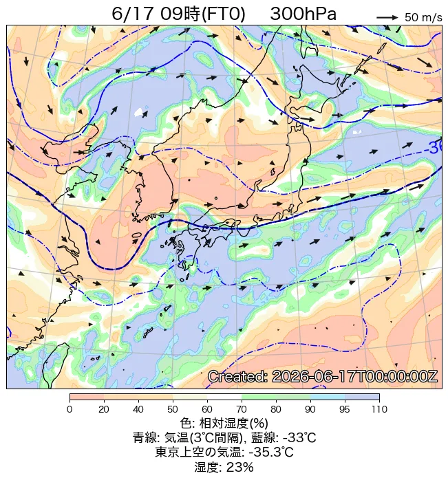 2026年6月17日の日本周辺の300hPa天気図（9時）