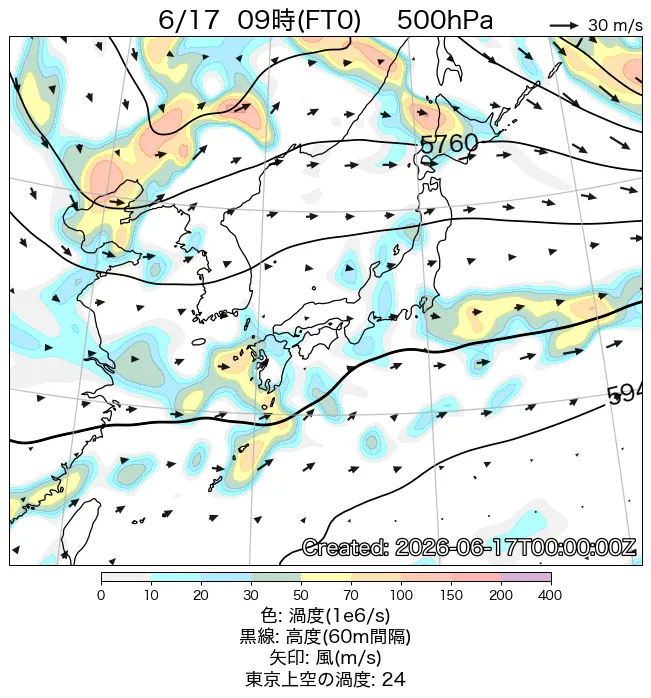 2026年6月17日の日本周辺の500hPa天気図（9時）