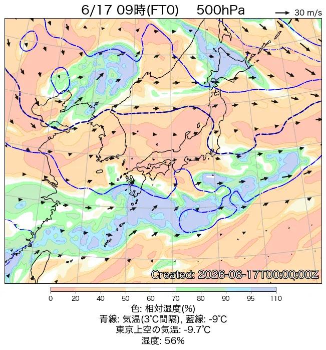 2026年6月17日の日本周辺の500hPa天気図（9時）