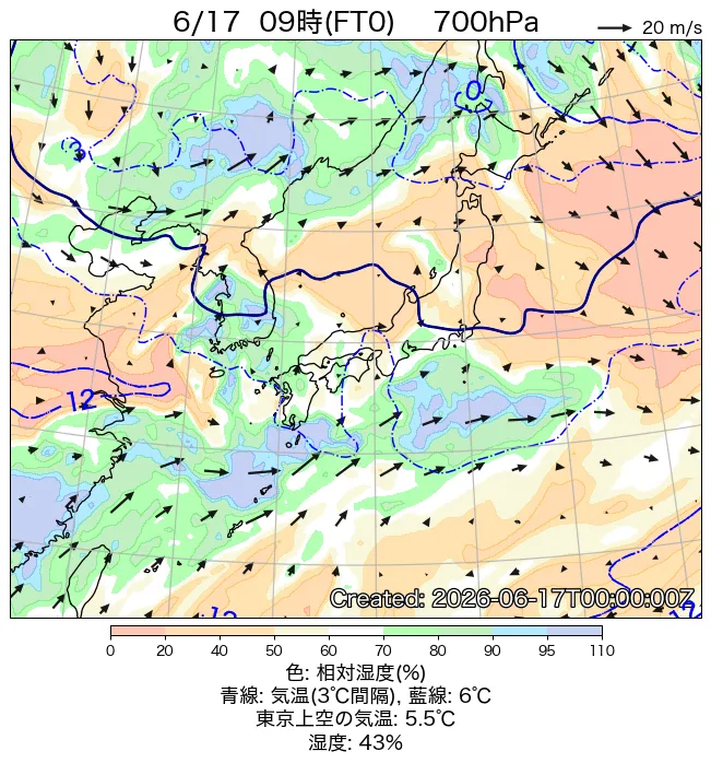 2026年6月17日の日本周辺の700hPa天気図（9時）