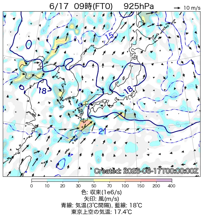 2026年6月17日の日本周辺の925hPa天気図（9時）