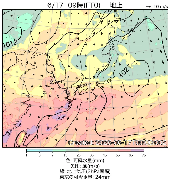 2026年6月17日の日本周辺の地上天気図（9時）