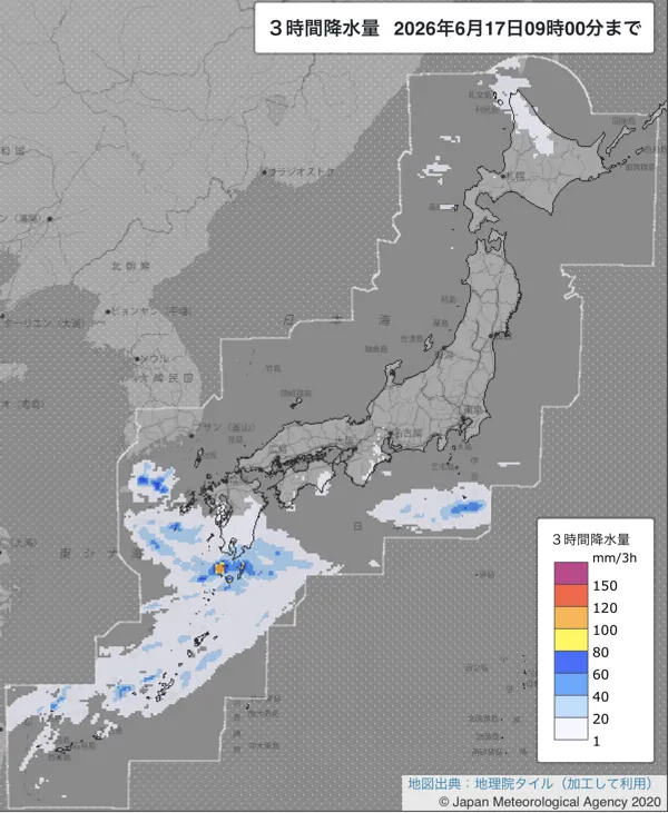 2026年6月17日6〜9時の日本周辺の3時間解析降水量