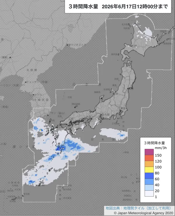 2026年6月17日9〜12時の日本周辺の3時間解析降水量