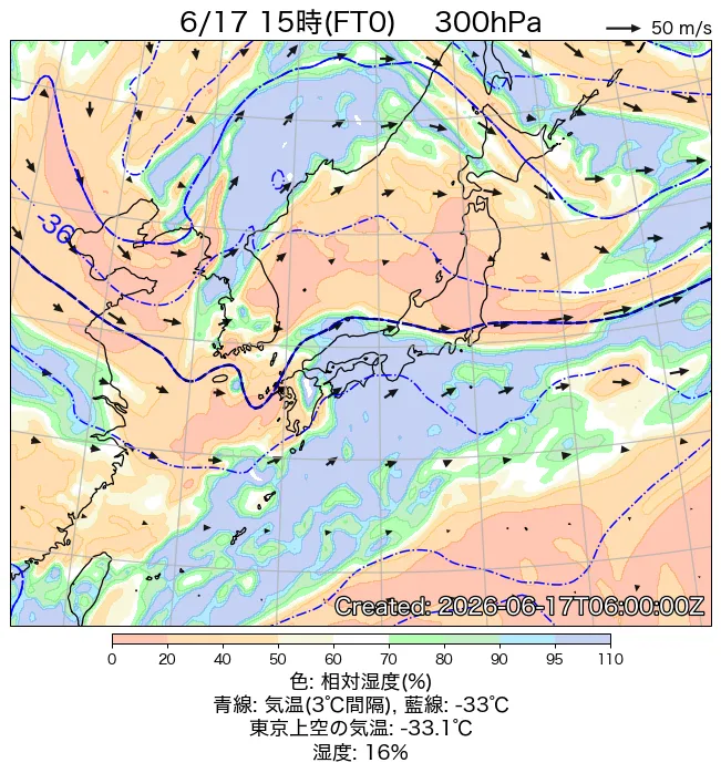 2026年6月17日の日本周辺の300hPa天気図（15時）