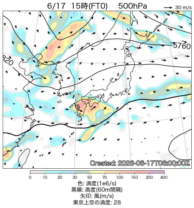2026年6月17日の日本周辺の500hPa天気図（15時）