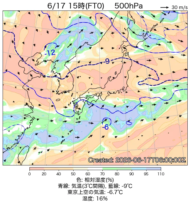 2026年6月17日の日本周辺の500hPa天気図（15時）