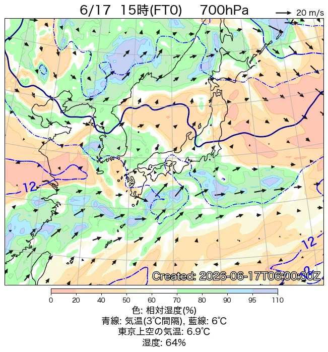 2026年6月17日の日本周辺の700hPa天気図（15時）