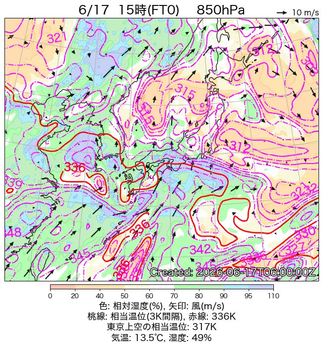 2026年6月17日の日本周辺の850hPa天気図（15時）