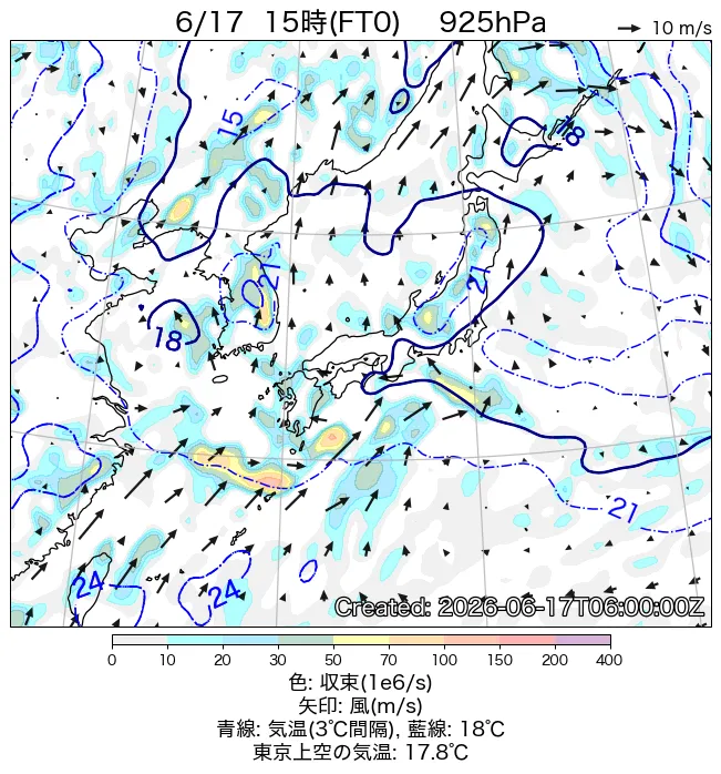2026年6月17日の日本周辺の925hPa天気図（15時）