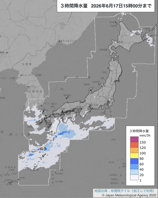 2026年6月17日12〜15時の日本周辺の3時間解析降水量