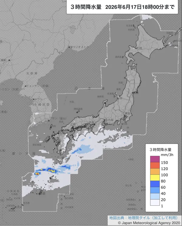 2026年6月17日15〜18時の日本周辺の3時間解析降水量