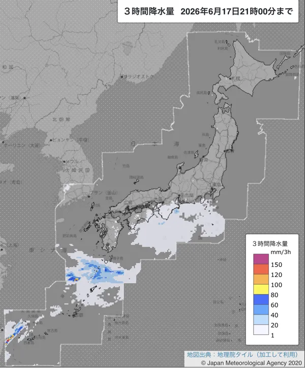 2026年6月17日18〜21時の日本周辺の3時間解析降水量