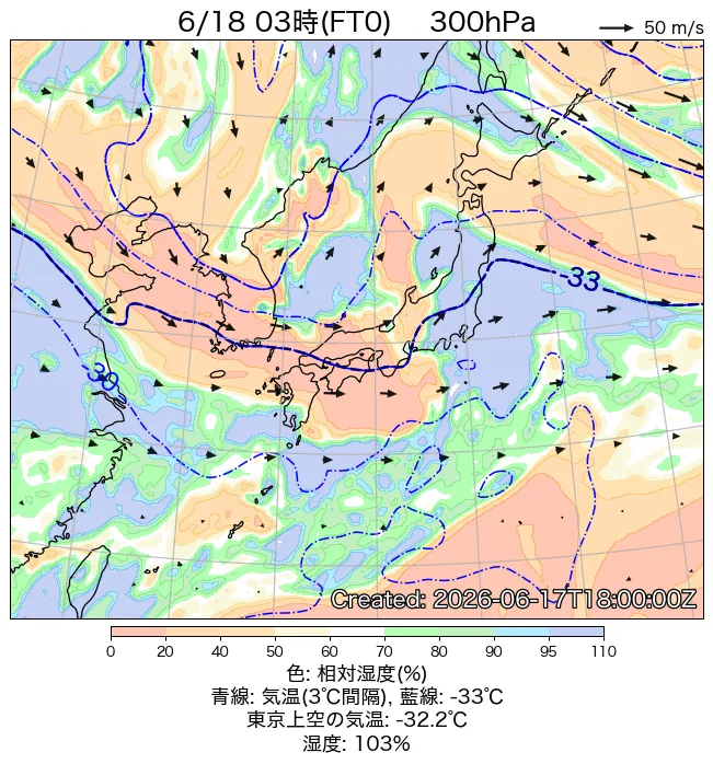 2026年6月18日の日本周辺の300hPa天気図（3時）