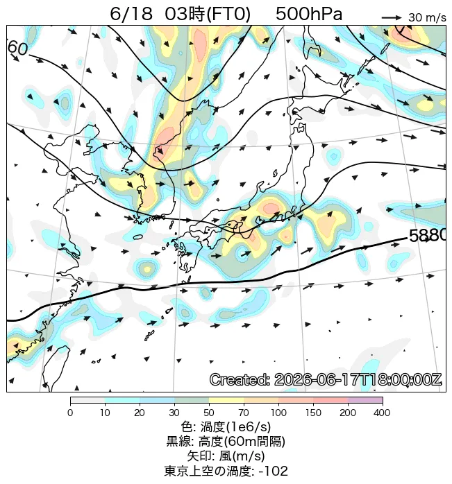 2026年6月18日の日本周辺の500hPa天気図（3時）