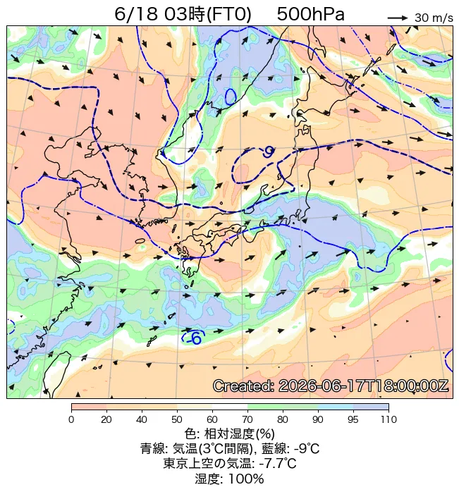 2026年6月18日の日本周辺の500hPa天気図（3時）