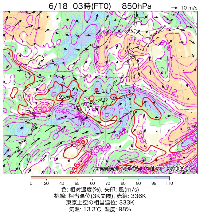 2026年6月18日の日本周辺の850hPa天気図（3時）