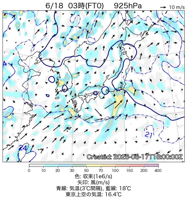 2026年6月18日の日本周辺の925hPa天気図（3時）