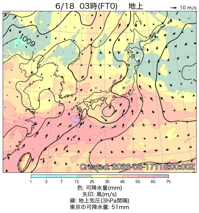 2026年6月18日の日本周辺の地上天気図（3時）