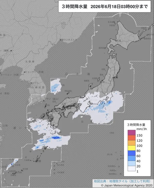 2026年6月18日0〜3時の日本周辺の3時間解析降水量