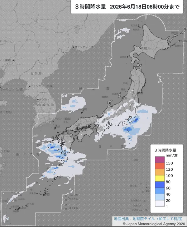 2026年6月18日3〜6時の日本周辺の3時間解析降水量