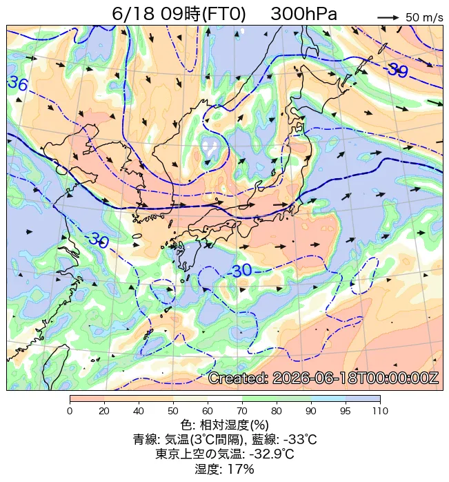 2026年6月18日の日本周辺の300hPa天気図（9時）