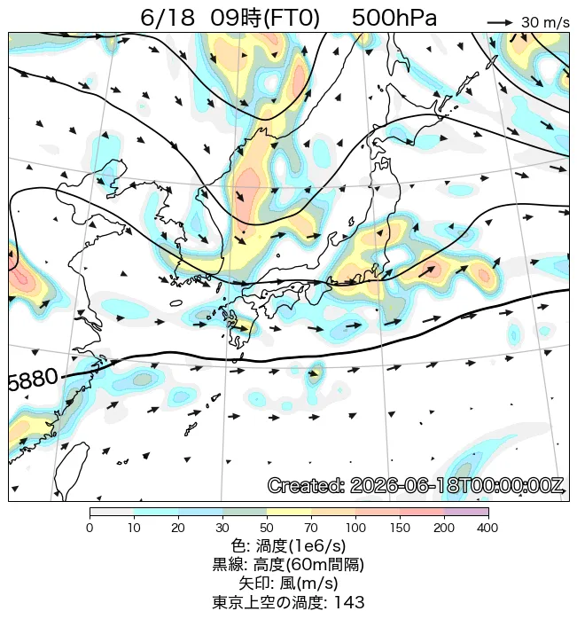 2026年6月18日の日本周辺の500hPa天気図（9時）