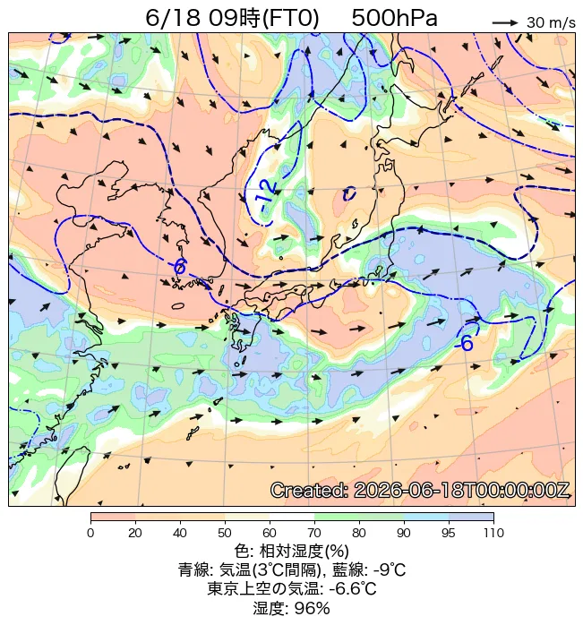 2026年6月18日の日本周辺の500hPa天気図（9時）