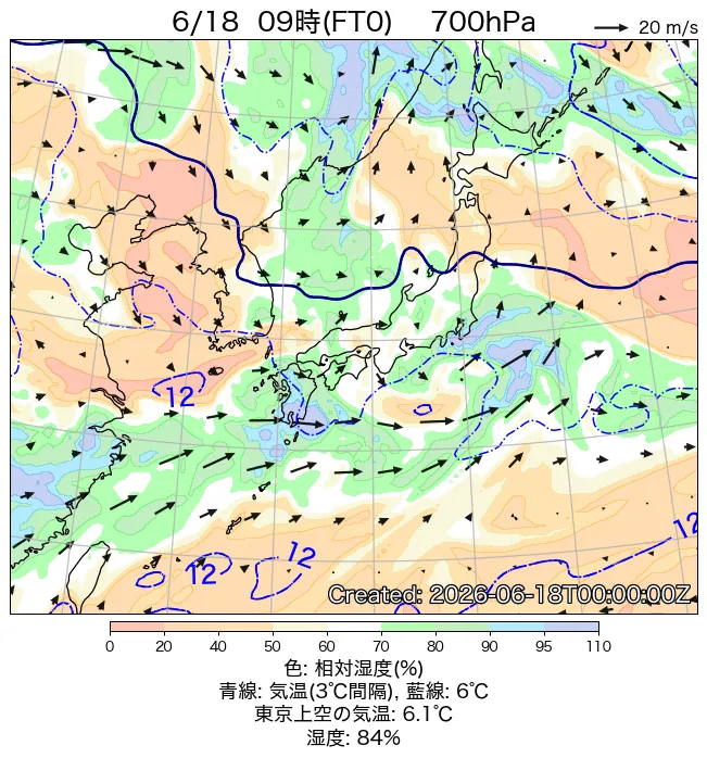 2026年6月18日の日本周辺の700hPa天気図（9時）
