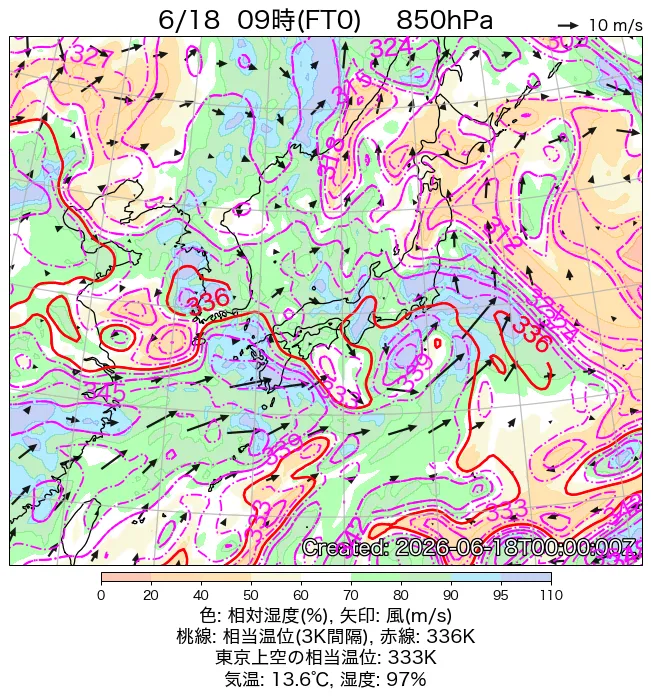 2026年6月18日の日本周辺の850hPa天気図（9時）