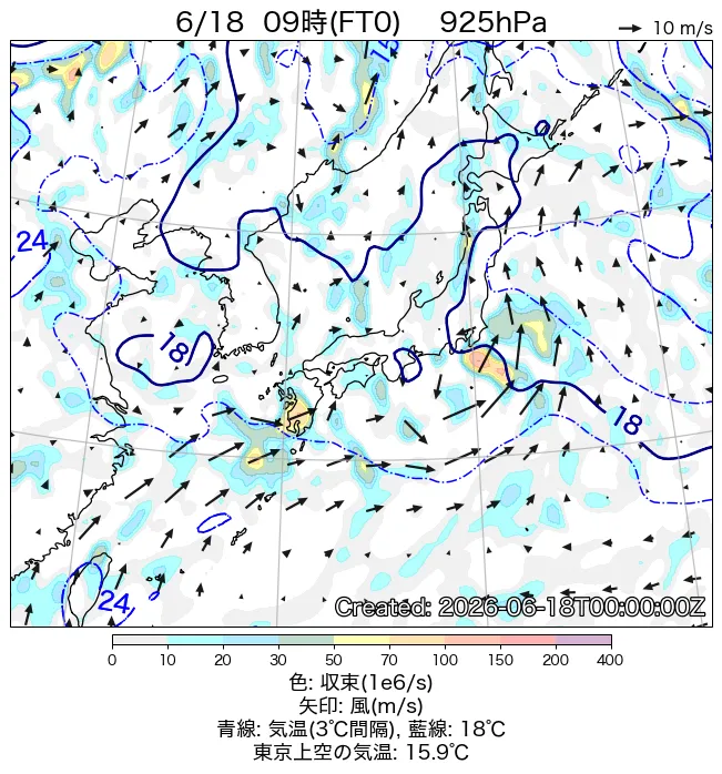 2026年6月18日の日本周辺の925hPa天気図（9時）