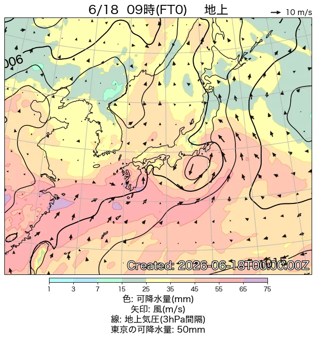 2026年6月18日の日本周辺の地上天気図（9時）