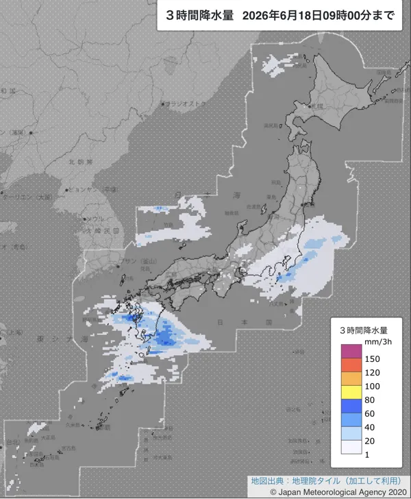 2026年6月18日6〜9時の日本周辺の3時間解析降水量