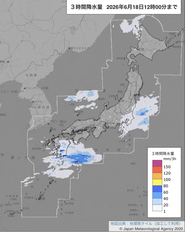 2026年6月18日9〜12時の日本周辺の3時間解析降水量