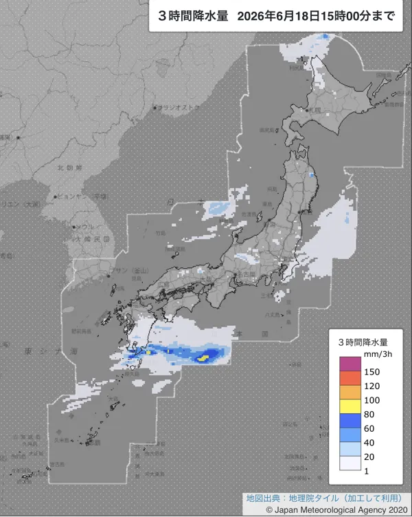 2026年6月18日12〜15時の日本周辺の3時間解析降水量