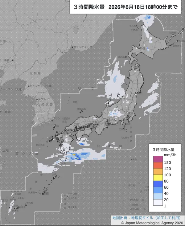 2026年6月18日15〜18時の日本周辺の3時間解析降水量
