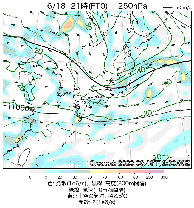 2026年6月18日の日本周辺の250hPa天気図（21時）