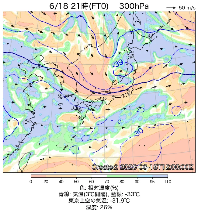 2026年6月18日の日本周辺の300hPa天気図（21時）
