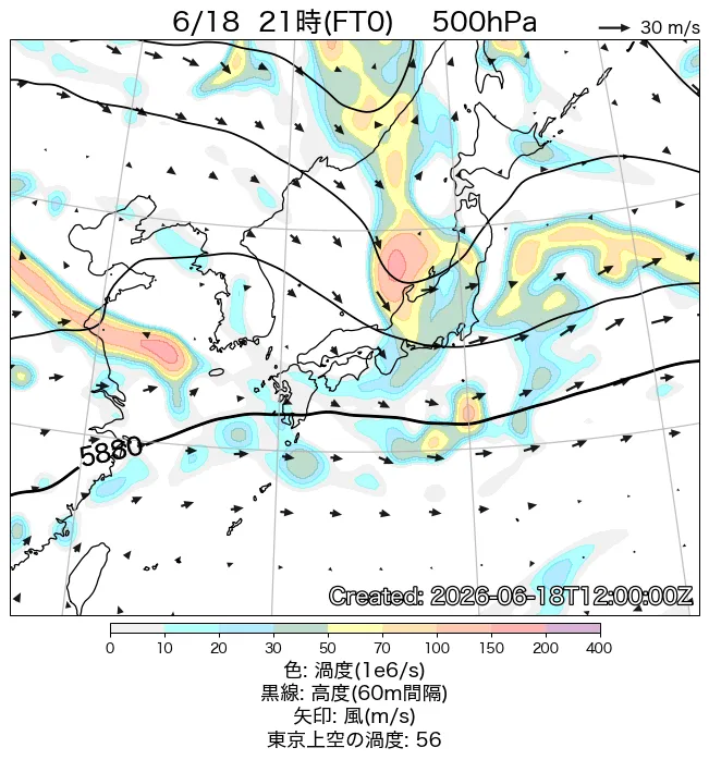 2026年6月18日の日本周辺の500hPa天気図（21時）