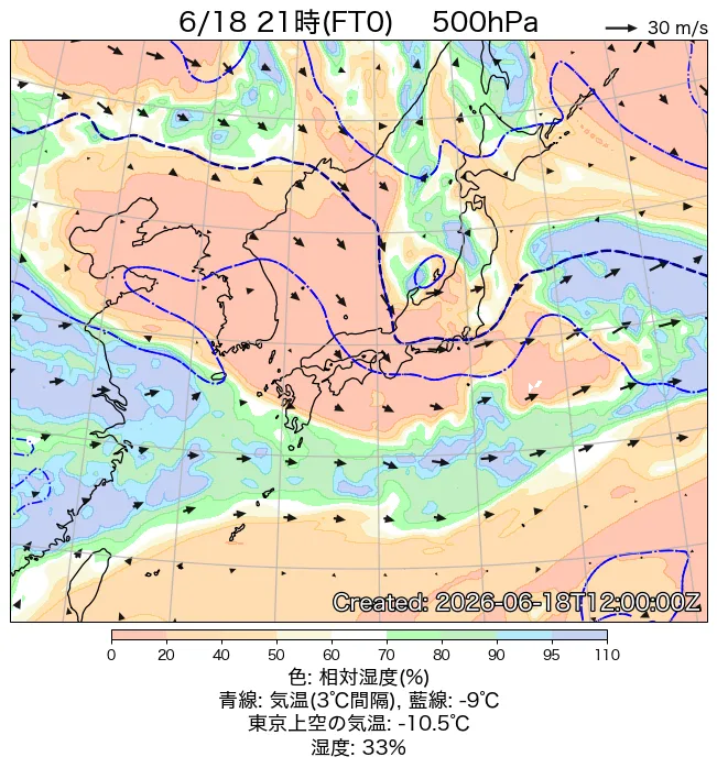 2026年6月18日の日本周辺の500hPa天気図（21時）