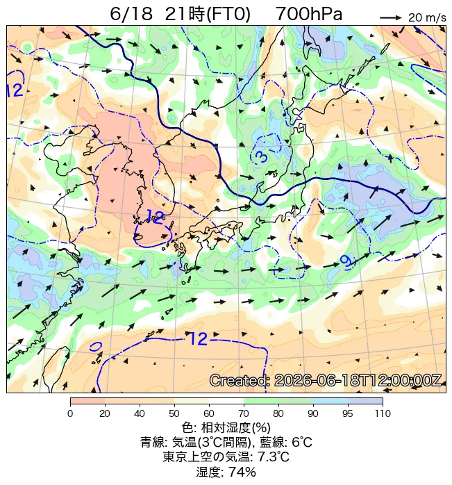 2026年6月18日の日本周辺の700hPa天気図（21時）