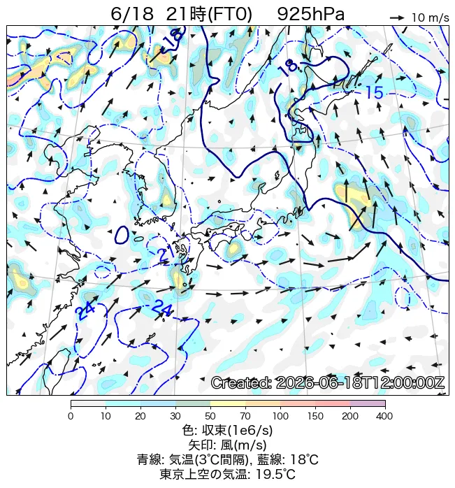 2026年6月18日の日本周辺の925hPa天気図（21時）