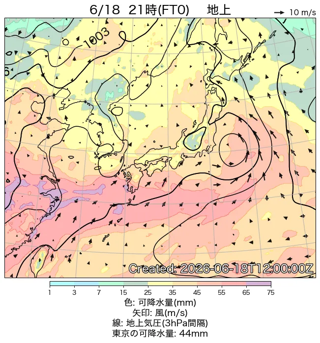 2026年6月18日の日本周辺の地上天気図（21時）
