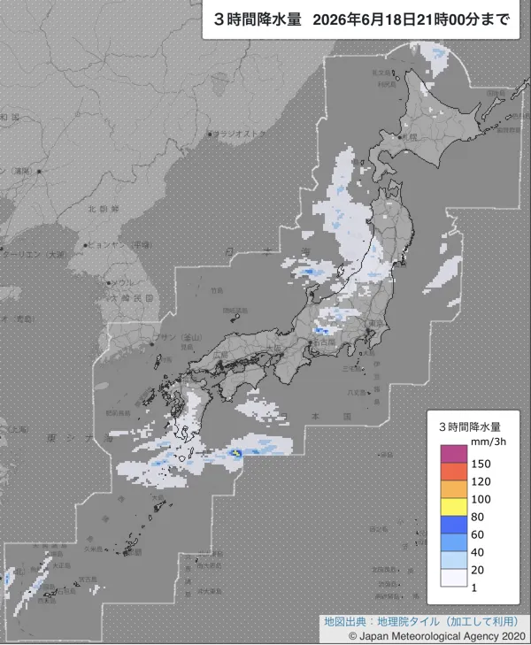 2026年6月18日18〜21時の日本周辺の3時間解析降水量