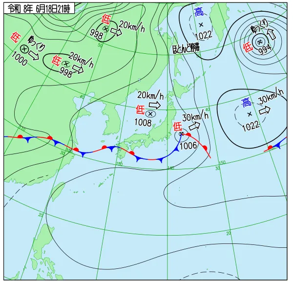 2026年6月18日21時の速報天気図