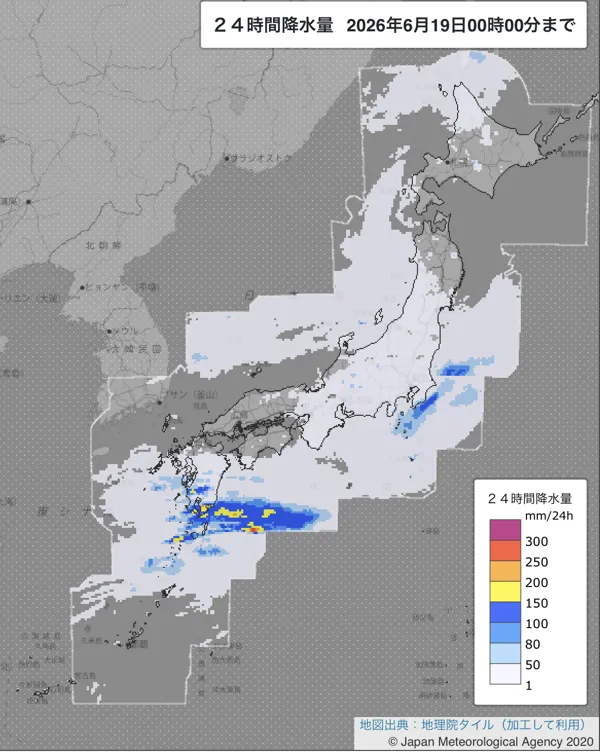 2026年6月18日の日本周辺の日解析雨量の図